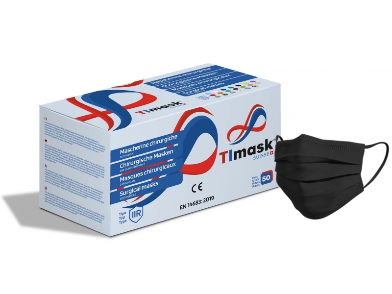 TIMASK Masque Médical Jetable Type IIR Noir, 50 pièces